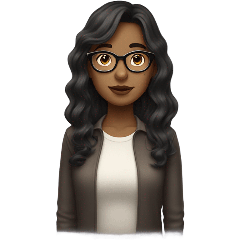 female nerd with medium long semi wavy hair with super dark brown hair and translucent glass frames and give her curtain bangs emoji