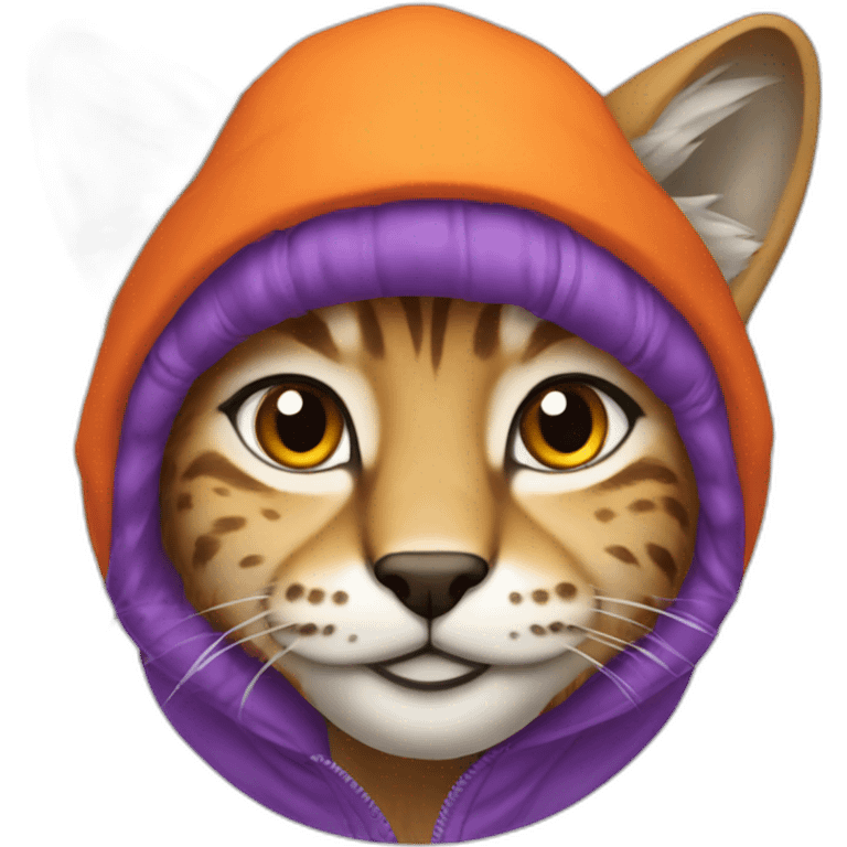 Lynx in purple hoodie and orange winter cap emoji