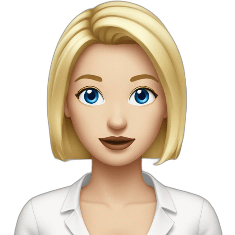 woman with blue eyes and bob blonde hair wearing a white button up and golden hoop earrings emoji