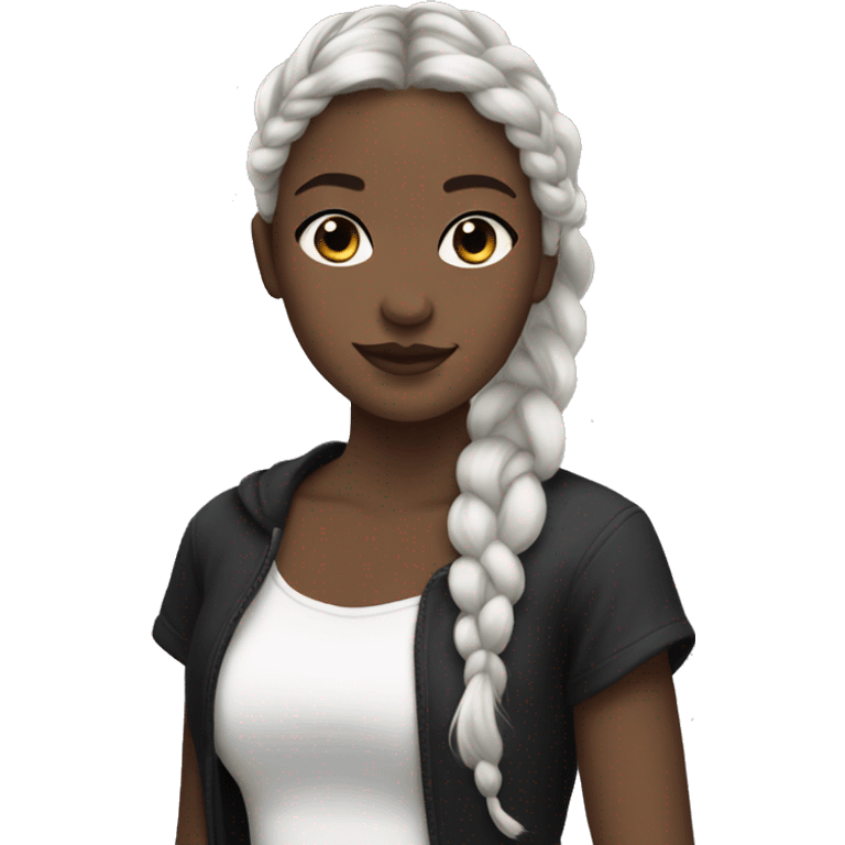 Pale girl with brown hair with silver ends, pulled into a braid, wearing black emoji