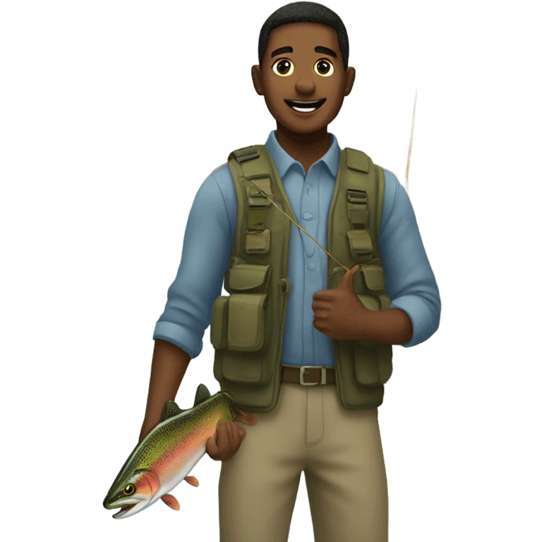 Use my people emoji of portrait of boy outside and make him fly fish for rainbow trout emoji