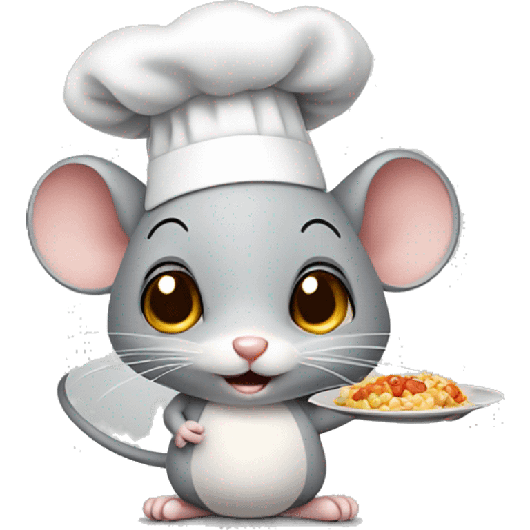 cute grey mouse with a cooking hat and a dish of food emoji