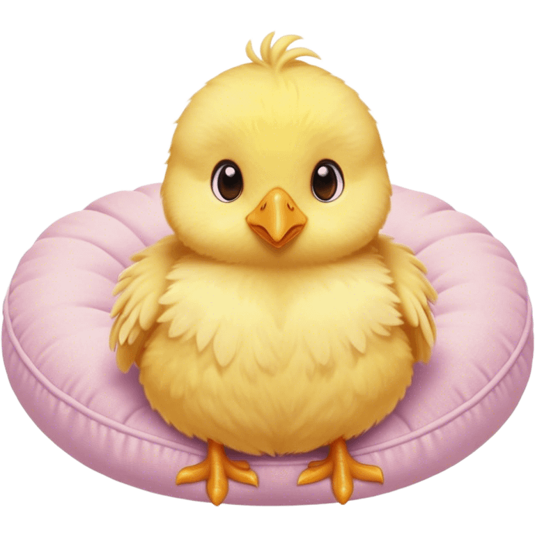 Cinematic round fluffy chick, golden yellow, tiny beak and feet, soft downy feathers, sparkling gentle eyes, sitting on a pastel-colored cushion, radiating warmth and sweetness. emoji