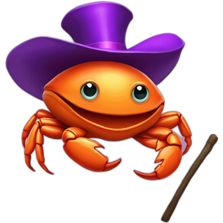 Big orange crab with a purple magician tophat and holding a stick emoji