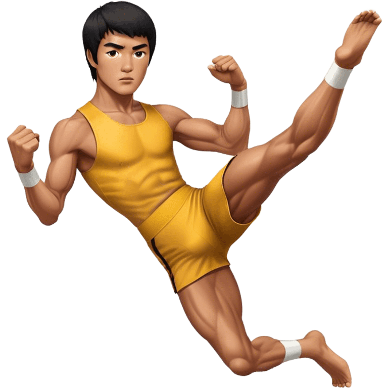 Cinematic Realistic portrait of Bruce Lee, shown as a legendary martial artist in a dynamic, powerful pose with modern athletic attire and finely detailed muscle definition, rendered in dramatic action lighting emoji