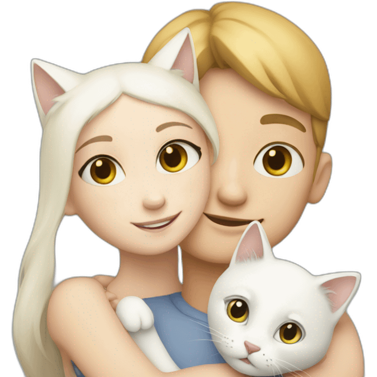 Girl and boy together hug two white cats emoji