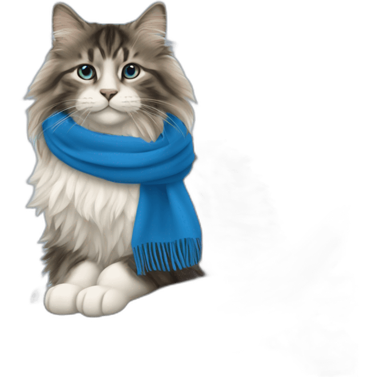 Norwegian forest cat sitting in a tree with a blue scarf emoji