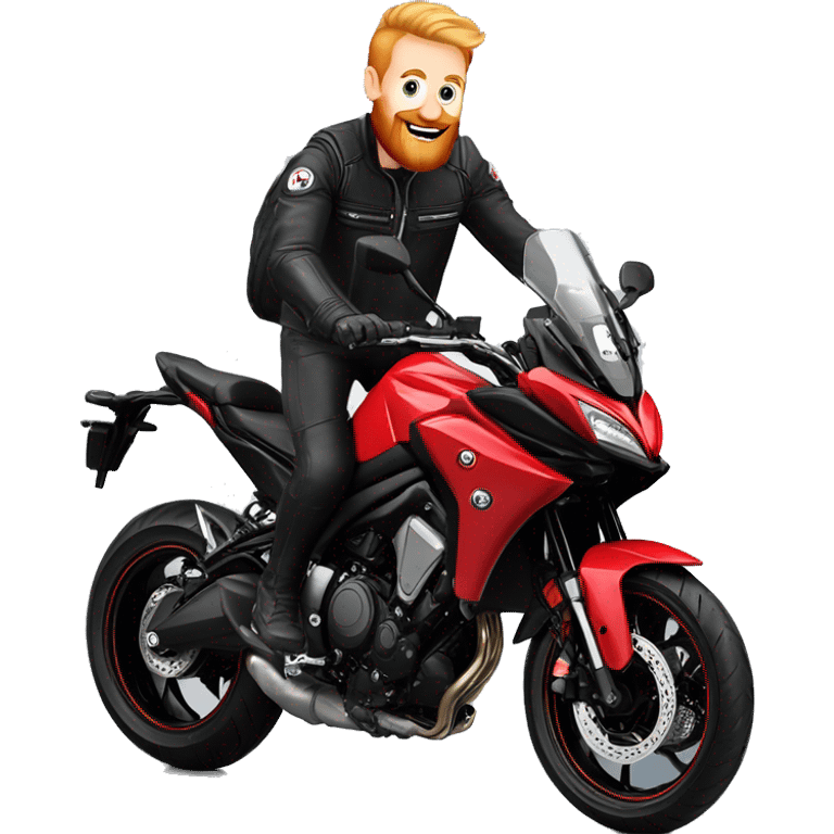 Blonde man with short ginger beard on red Yamaha Tracer 9r in wheelie position emoji