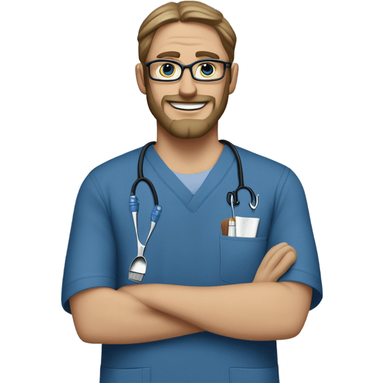 male dark blond with goatee beard doctor with hazel eyes and wire rim glasses in dark blue scrubs holding a paintbrush and a jigsaw  emoji