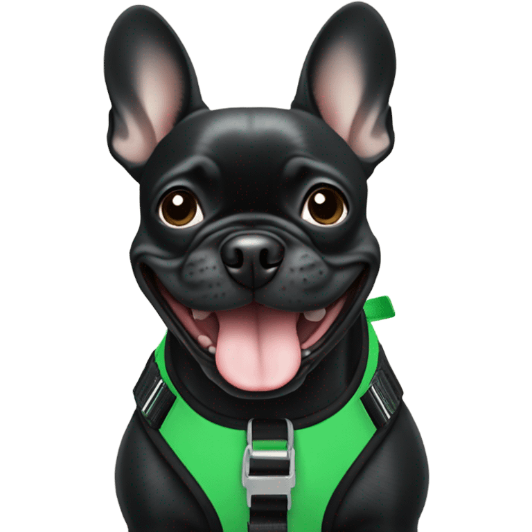 Black frenchie smiling in green harness emoji