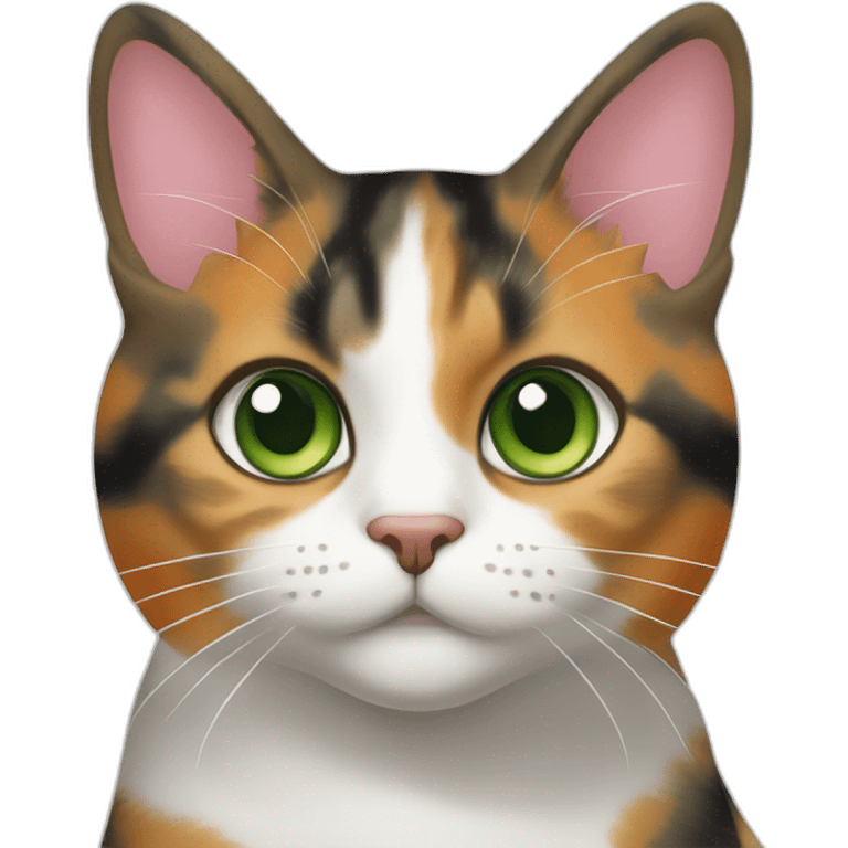 young striped calico cat face with a pink nose, white chin, green eyes, and orange/brown markings emoji