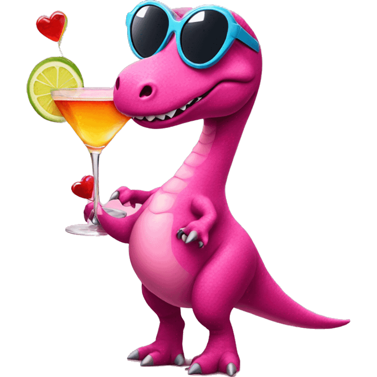 pink dinosaur with heart shape sunglasses holding a cocktail  emoji