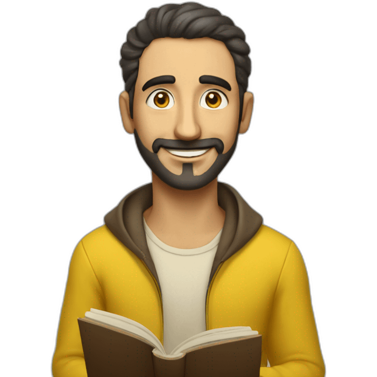 Armenian men with the yellow clothes reading book and looking at camera and smiling  emoji