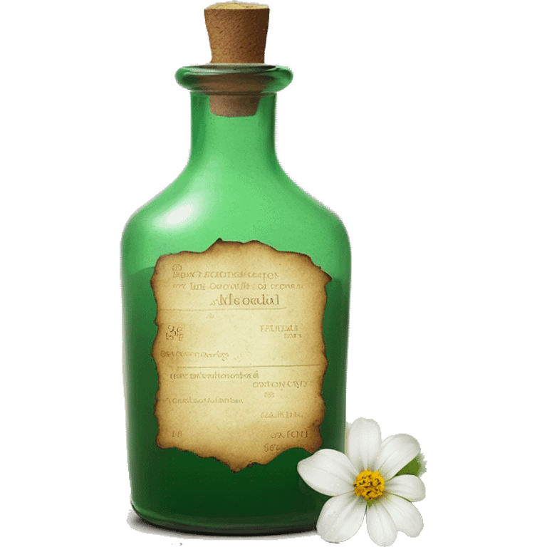 Mysterious Alchemical vintage glass potion bottle, exquisite bottle shape, old and shabby, with label, stylish and minimalistic, brown and shabby-green, oil potion is poured out of the bottle, herbal, flowers and oil is spilled next to it emoji