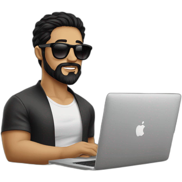 Designer with black hair, beard and round sunglasses working with MacBook and drinking cappuccino  emoji