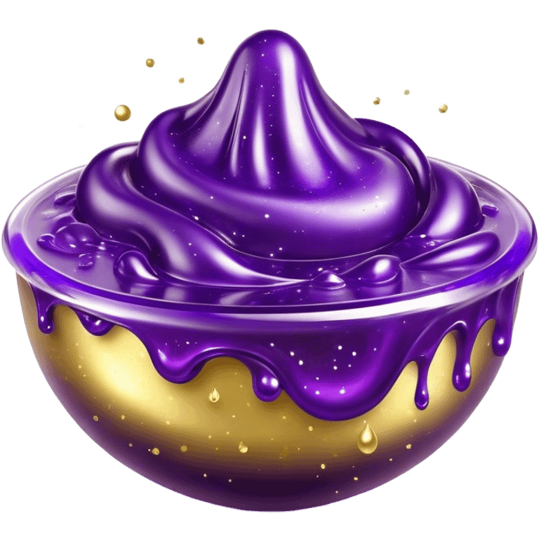 Cinematic Realistic Shiny Slime Mixed with Glitter, thick and glossy with swirling metallic flecks suspended inside, a dynamic mix of deep purple and golden sparkles, light catching every shimmer, flowing smoothly with realistic folds and ripples, glowing with an enchanting, almost liquid-metal effect. emoji