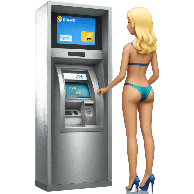 Girl in swimming suit and platform heels waiting for a man who’s using an ATM emoji