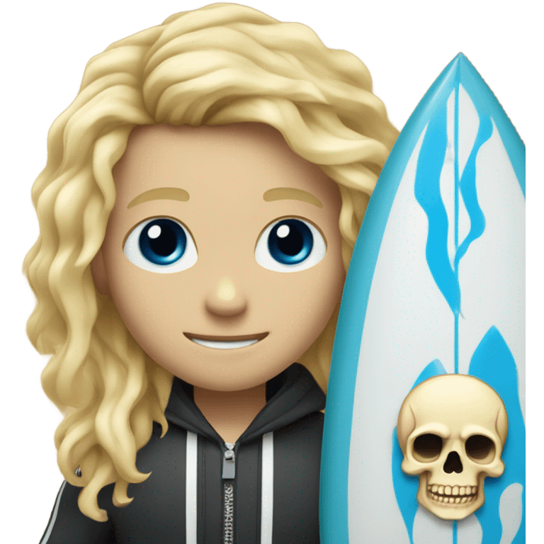 boy with long scruffy blonde hair and blue eyes. holding a surfboard with a skull on it emoji