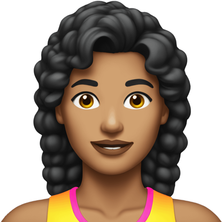 Tanned woman with black hair dressed in 1980s fitness hair, makeup, and neon attire  emoji