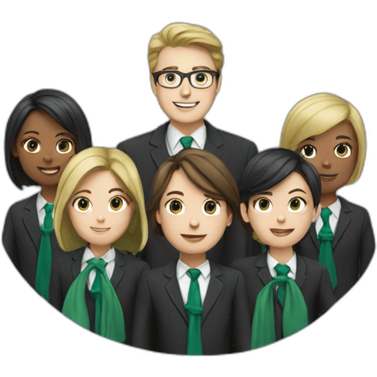 Many school  wyhite students and teacher in black blue school costume and green tie  emoji