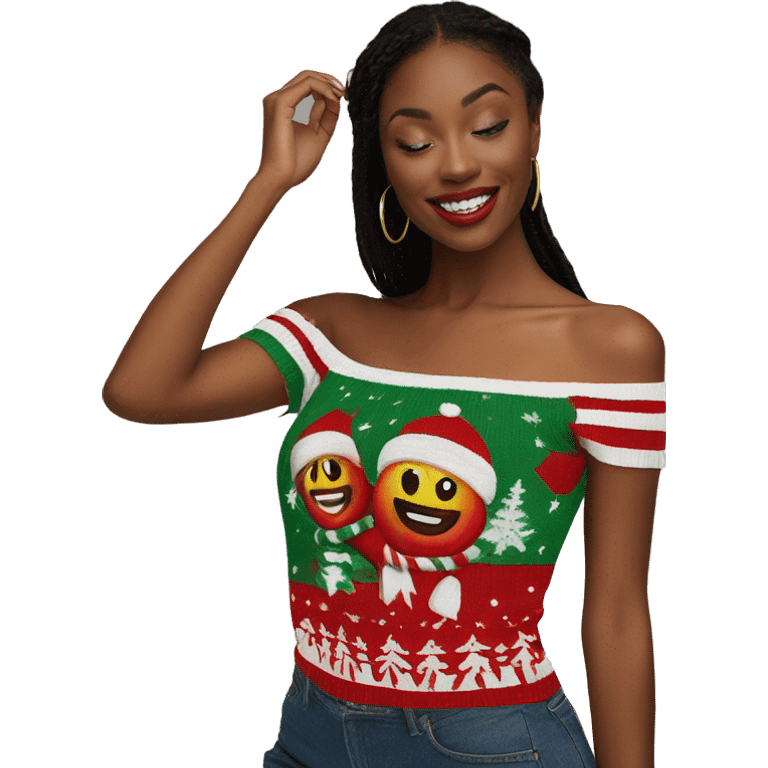 Rib knit off the shoulder Christmas top emoji