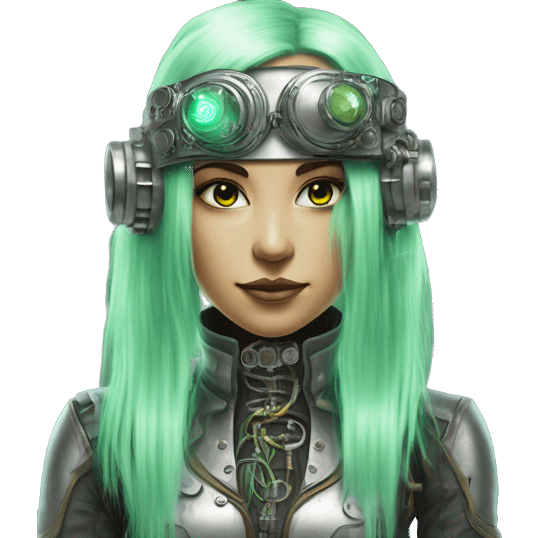 Light green long hair female cyborg head with silver steampunk goggles used as a headband and circuits emoji