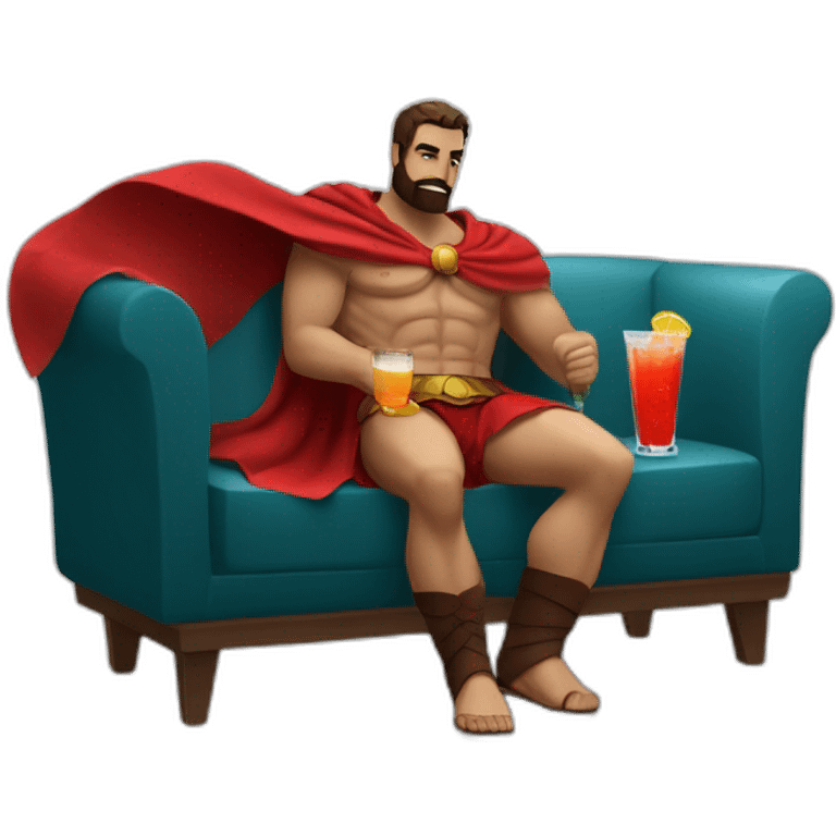 The Spartan Leonidas and his red cape with a relaxing cocktail on a sofa. emoji