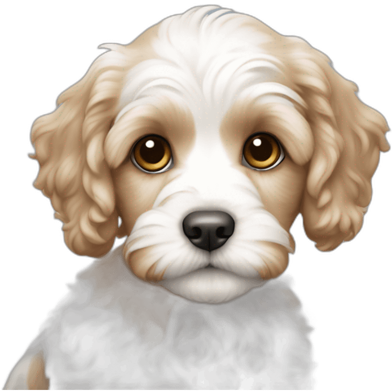 White cavapoo puppy with medium sized very light brown spot on right ear and chest emoji