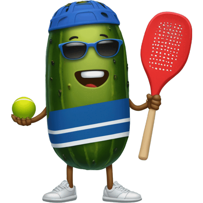 pickle with legs, wearing a jersey, holding a solid red paddle ball racket, blue backgound, wearing sunglasses emoji