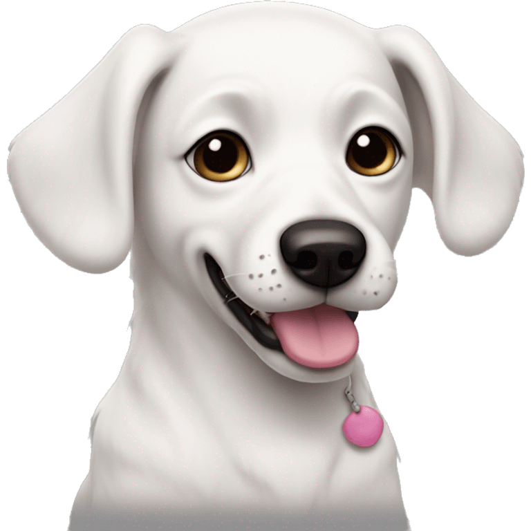 White dog with black ears, black nose, saggy pink eyes emoji