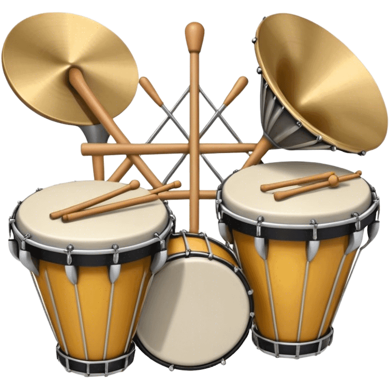 Create a heraldic, festive, and professional emblem-like emoji representing percussion instruments. The design should resemble a traditional crest, featuring a variety of percussion instruments such as cymbals, triangle, tambourine, maracas, timpani, bongo drums, and other traditional folk percussion instruments. Arrange them symmetrically, with cymbals crossing each other, the triangle at the center, and timpani or bongo drums flanking the sides. Include tambourines and maracas prominently, adding rhythm and texture. A flowing ribbon of musical notes should elegantly weave through the instruments, enhancing the sense of movement and celebration. Add intricate decorative patterns on the instruments, along with ornamental swirls, laurels, or flourishes to elevate the festive and heraldic feel. The overall composition should be balanced, harmonious, and visually striking, with an elegant and professional look. The background should be transparent. emoji