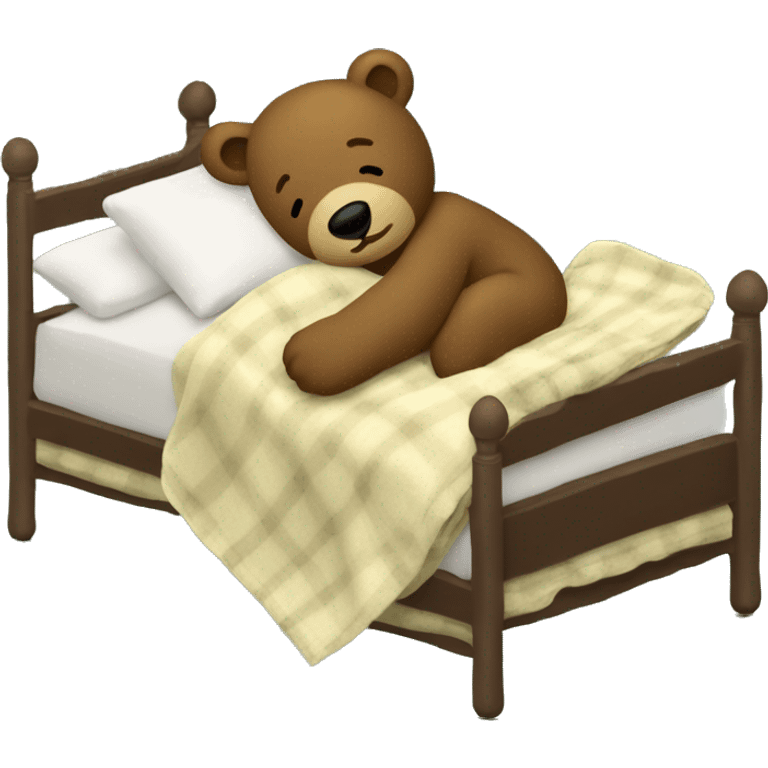 Bear going to sleep. holding blanket in right arm, and a pillow in the left arm. On the pillow is a emoji of a fern/herb.  emoji