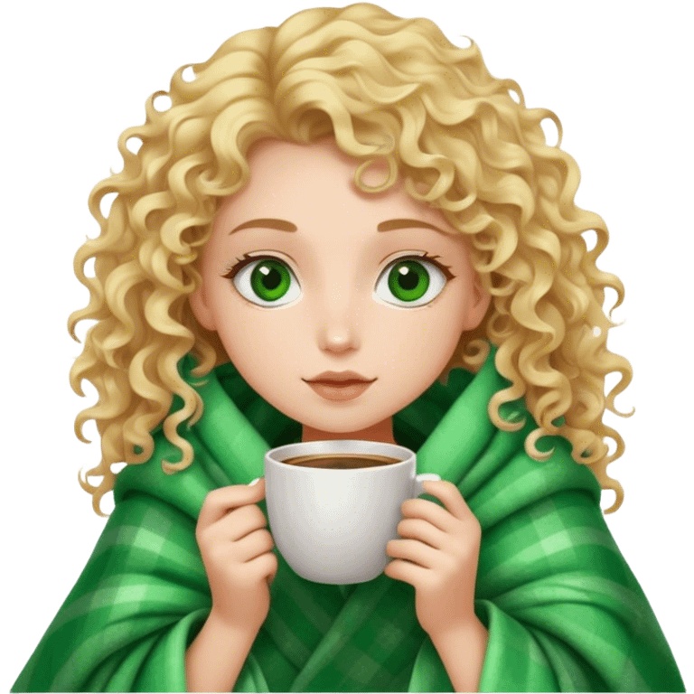 White girl blonde curly hair inside a blanket sipping coffee green eyes  emoji