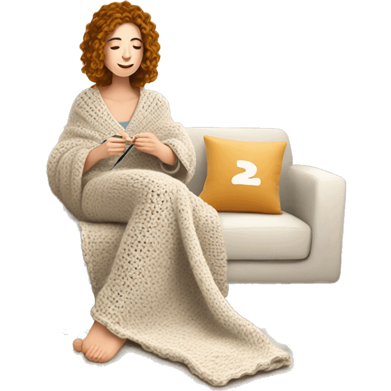 26 year old white woman with wavy hair. She is crocheting a garment with a crochet hook and ball of yarn is near her. She is laying on the couch, under a blanket that covers her body and legs. Near her there is a cup of tea emoji