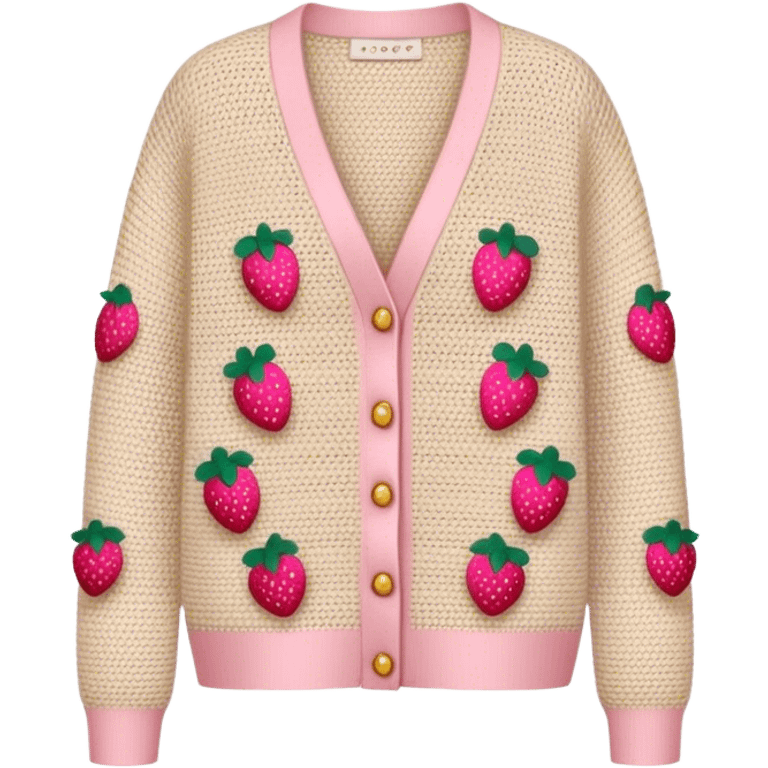 beige crocheted cardigan embroidered with small pink strawberries emoji