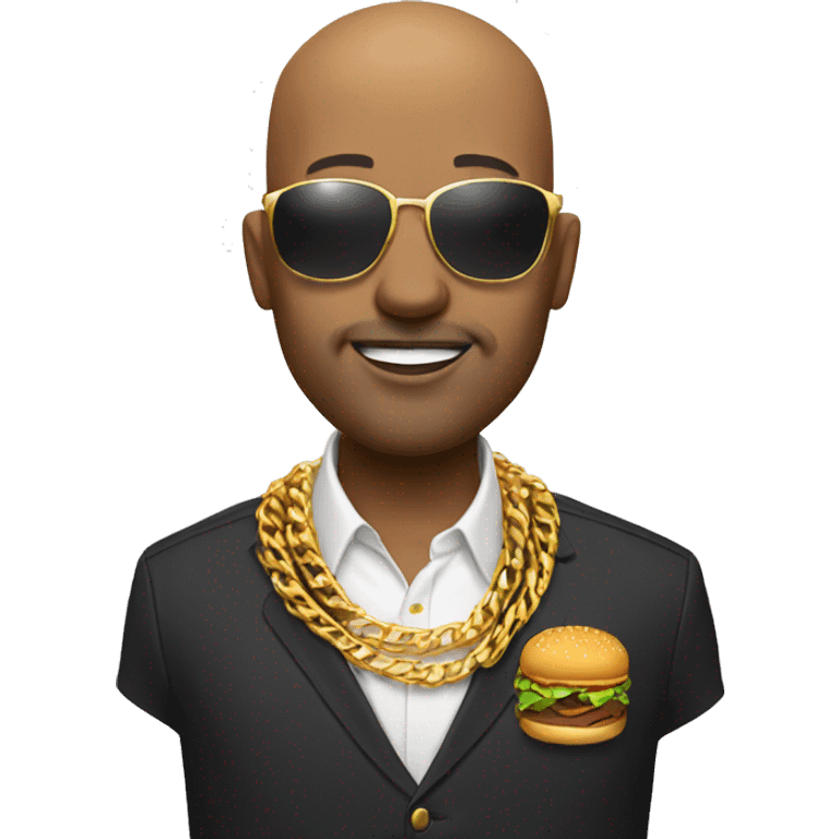 A bald man wearing sunglasses , gold chain around the neck and eating a hamburger emoji