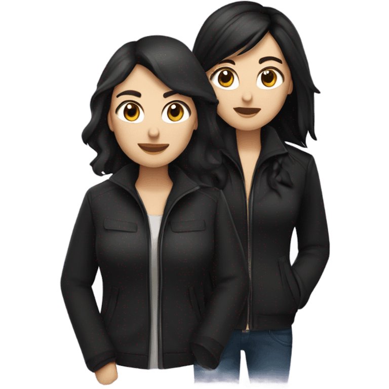 two caucassian woman with black jackets. One woman has black hair the other woman has brown hair and is slightly shorter then the woman with black hair emoji