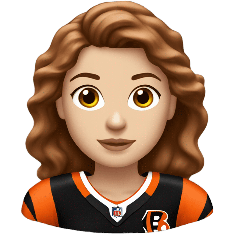 Caucasian ￼women with brown hair wearing a Cincinnati bengals jersey emoji