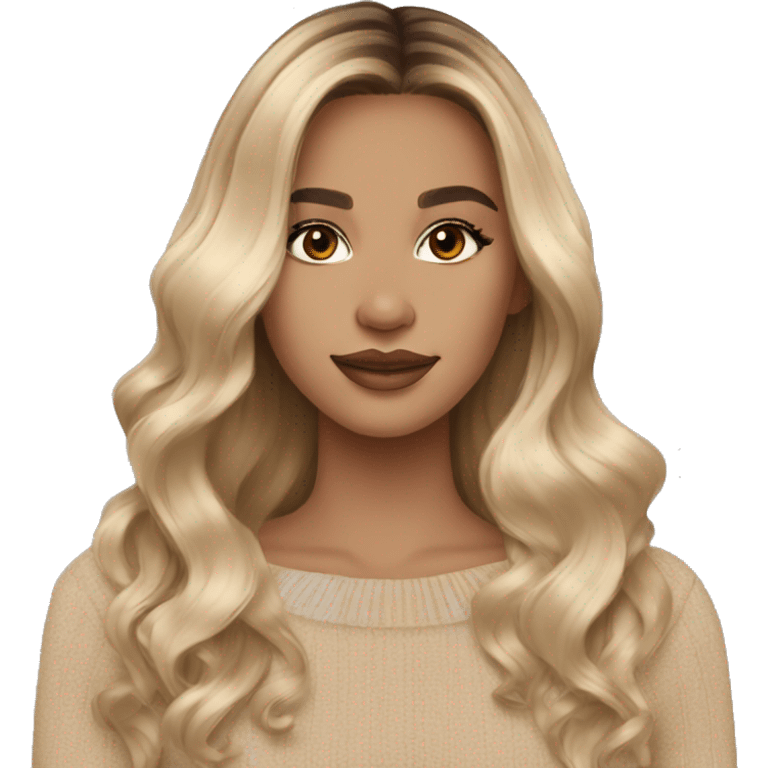 Blonde balayage long hair women beige sweater and chocolate brown eyes emoji