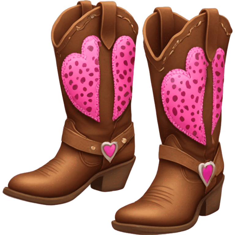 Realistic pair of isolated leather cowgirl boots with pink leopard print hearts on them. emoji