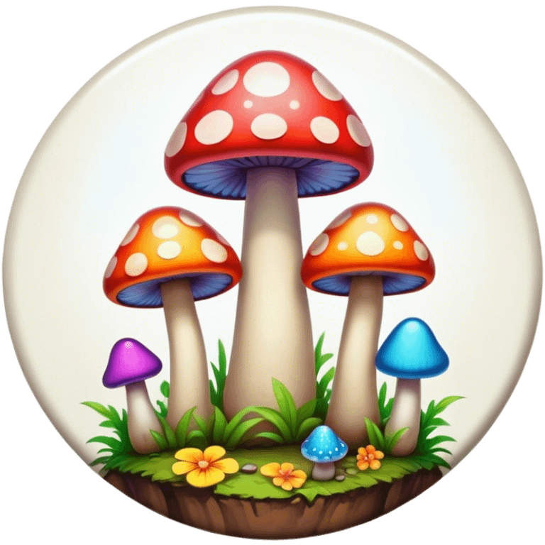 A round psychedelic colored button with beveled edges and colorful hippie style mushrooms emoji