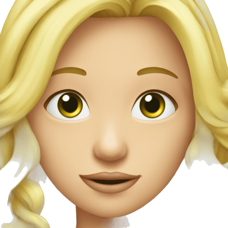 fille blonde avec tresses avec des yeux verts qui sourit avec les dents eu qui a un haut vertclair emoji