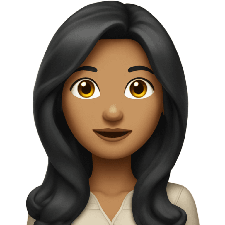 Tanned woman with long black hair wearing 1970s style outfit and hair emoji