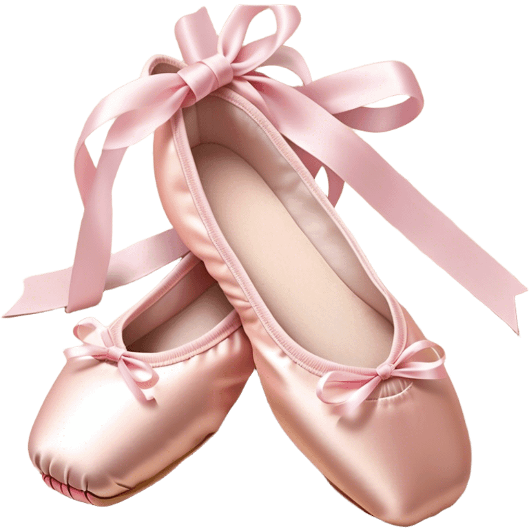 Cinematic Realistic Ballet Shoes, soft satin pink pointe shoes with delicate ribbons, resting gently on a polished wooden floor, subtle creases in the fabric, glowing under the warm golden light of a rehearsal studio, evoking elegance and grace. emoji