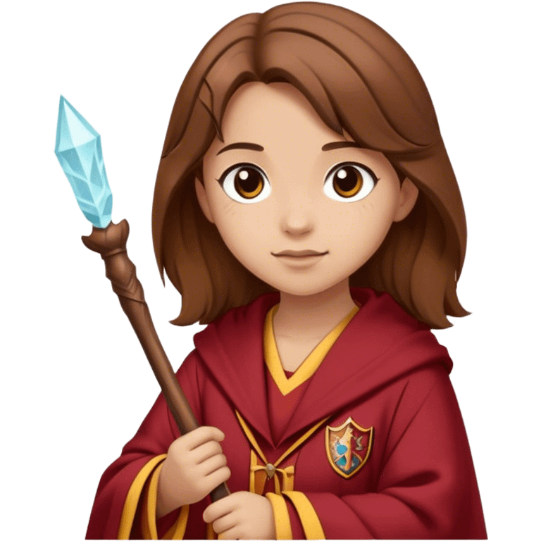 Girl with Girls Brown hair and a gryffindor Robe and a small wooden wand and light Skin emoji