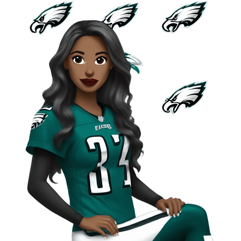 White female long dark hair red lips wearing Philadelphia Eagles jersey emoji