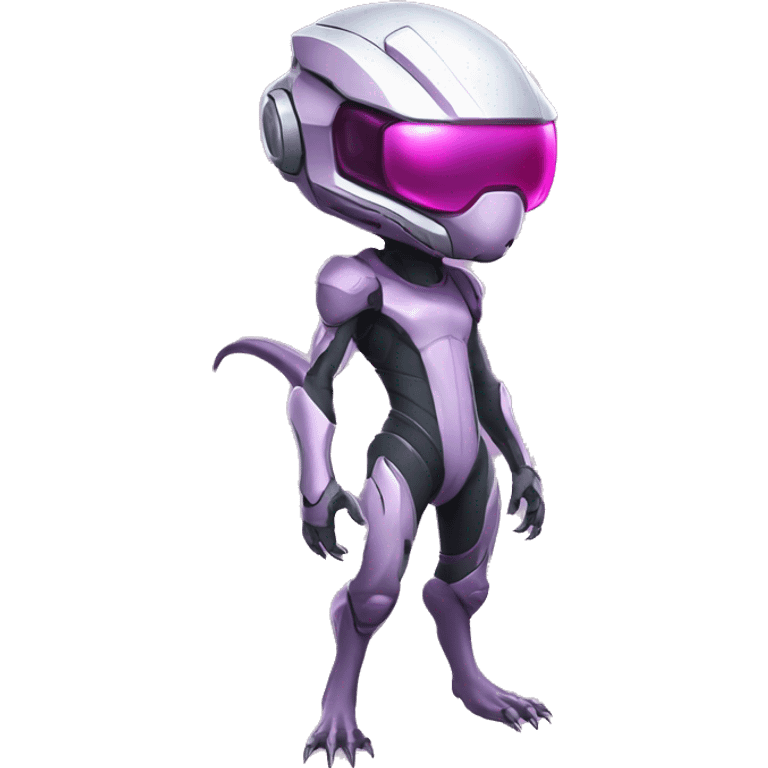 Lizard-Reptile-Raptor-Alien-Genesect-Mewtwo-Fakémon, with pink eyes, with a futuristic visor-helmet, wearing a techwear-suit, Full Body emoji