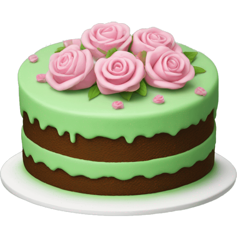 Green, round, cake. With small pink rose ontop emoji