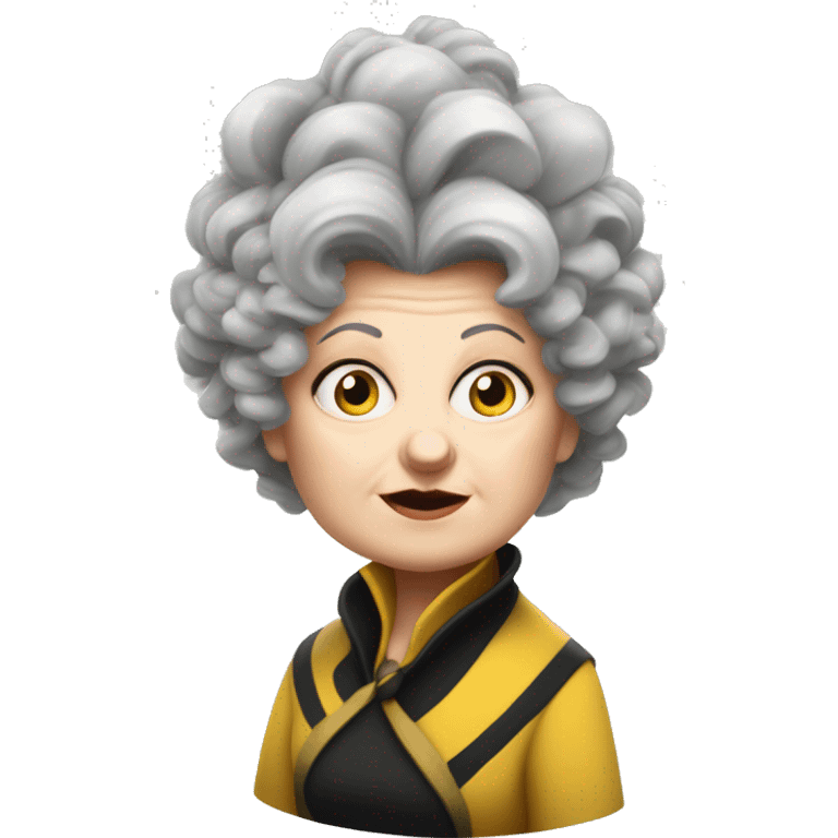 one old, curvy woman, white face, hufflepuff, grey and curly and wild hair, madame sprout, not amused,  emoji