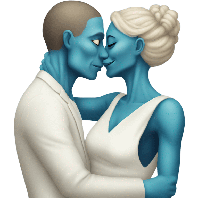 Alien reptilian woman in white dress hugs and kissing a normal white male human man in blue dress emoji